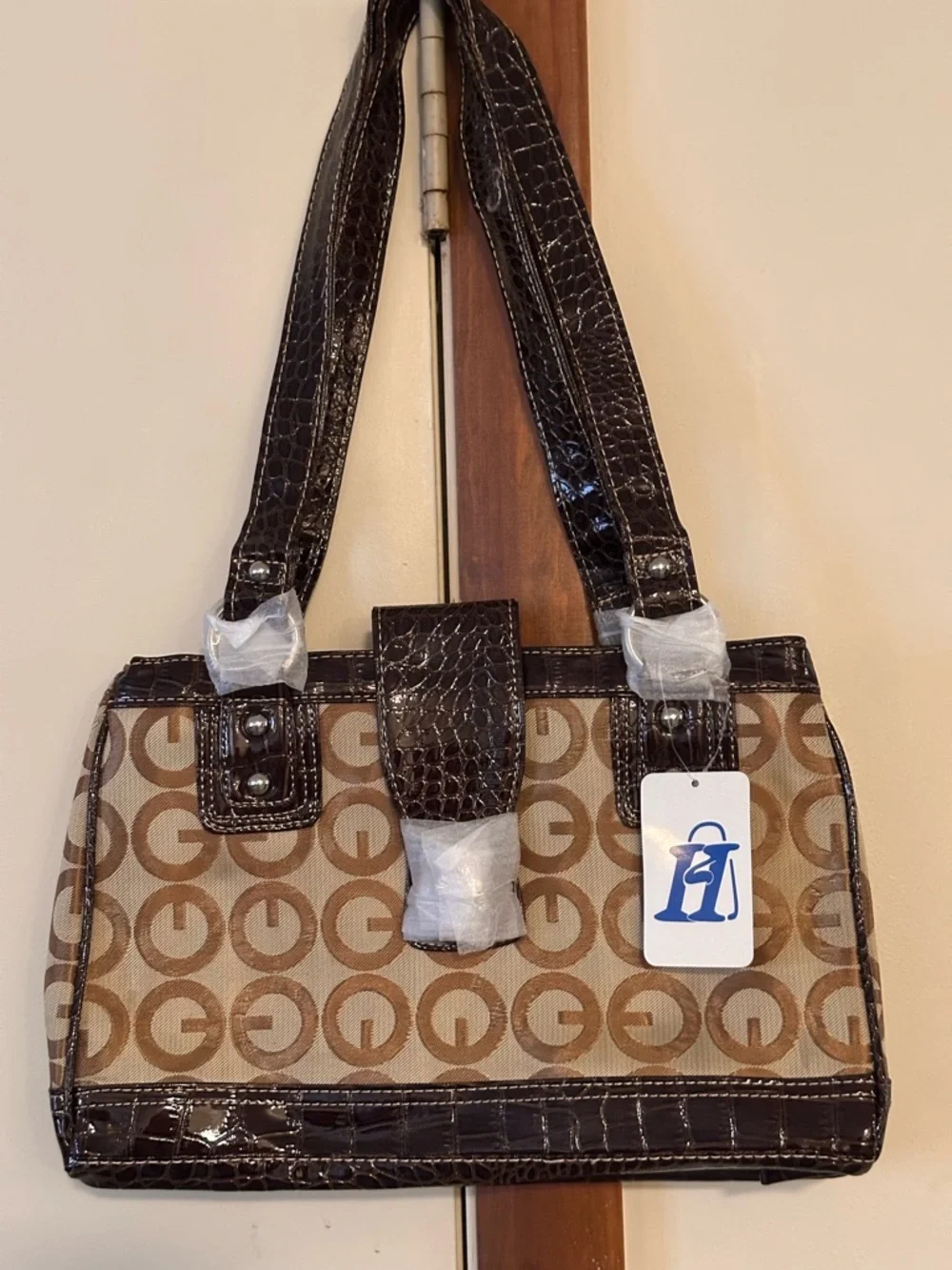 Classic Tan Monogram Tote Bag with Dark Brown Trim - Picture 2 of 5